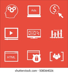 Set Of SEO Icons On Video Player, Keyword Optimisation And Security Topics. Editable Vector Illustration. Includes Target, Digital And Click Vector Icons.