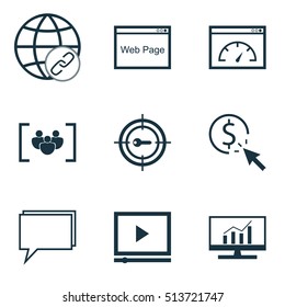 Set Of SEO Icons On Video Player, Keyword Marketing And Conference Topics. Editable Vector Illustration. Includes Online, Bulding, Per And More Vector Icons.