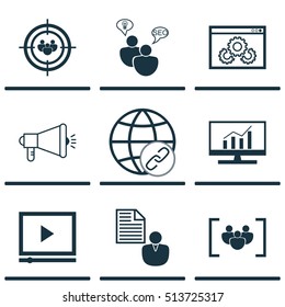 Set Of SEO Icons On Video Player, SEO Brainstorm And Focus Group Topics. Editable Vector Illustration. Includes Businessman, Analytics, Performance And More Vector Icons.
