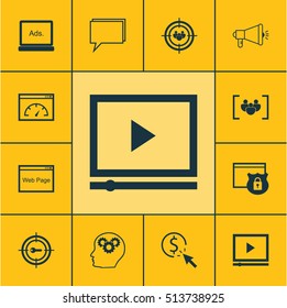 Set Of SEO Icons On Video Player, Keyword Marketing And Brain Process Topics. Editable Vector Illustration. Includes Speed, Marketing, Focus And More Elements