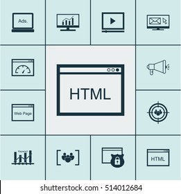 Set Of SEO Icons On Video Player, Website And Media Campaign Topics. Editable Vector Illustration. Includes Email, Advertising, Audience And More Vector Icons.