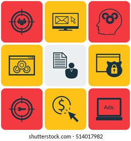Set Of SEO Icons On Website Performance, Keyword Marketing And Digital Media Topics. Editable Vector Illustration. Includes Security, Click, Brain And More Vector Icons.