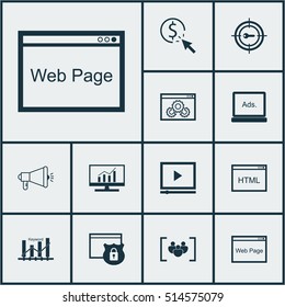 Set Of SEO Icons On Website, Keyword Optimisation And Video Player Topics. Editable Vector Illustration. Includes Community, Marketing, Website And More Vector Icons.