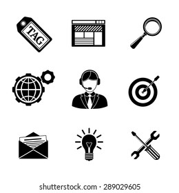Set of SEO icons - target with arrow, tag, world, magnifier, mail, support, idea, instruments, site. Vector