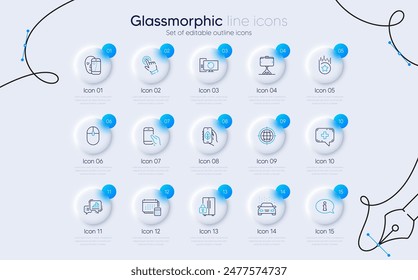 Set of Seo internet, Refrigerator and Selfie stick line icons for web app. Graph chart, Hold smartphone, Medical chat icons. Ecology app, Computer mouse, Car wash signs. Information. Vector