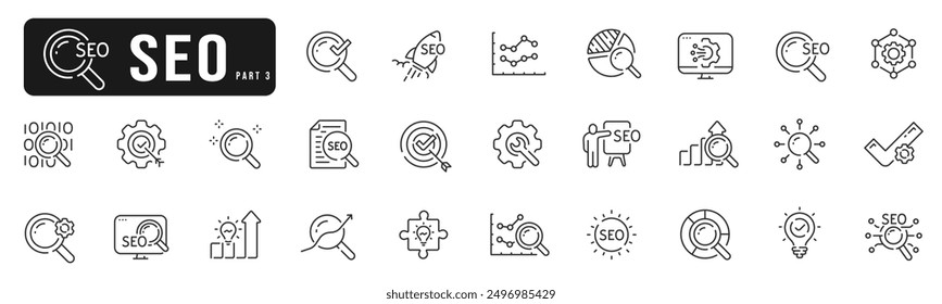 Conjunto de iconos de línea de seo. Marketing, búsqueda, análisis, Hacer clic, gráfico, publicidad, etc. Trazo editable. Parte 3