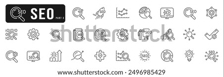 Set of seo line icons. Marketing, search, analysis, click, graph, advertising etc. Editable stroke. Part 3