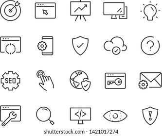 set of seo line icons, such as website, internet, support, download, button