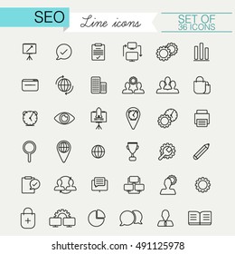 Set of SEO linear style icons and modern thin line symbols. Icons for digital network, analytics, social media and market concept for web user interface, banners, printing materials etc.
