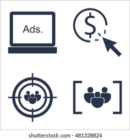 Set Of SEO, Marketing And Advertising Icons On Audience Targeting, Focus Group, Pay Per Click And More. Premium Quality EPS10 Vector Illustration For Mobile, App, UI Design.