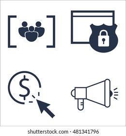 Set Of SEO, Marketing And Advertising Icons On Website Protection, Focus Group, Viral Marketing And More. Premium Quality EPS10 Vector Illustration For Mobile, App, UI Design.