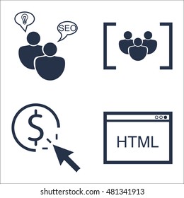 Set Of SEO, Marketing And Advertising Icons On Pay Per Click, Html Code, Focus Group And More. Premium Quality EPS10 Vector Illustration For Mobile, App, UI Design.