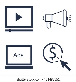 Set Of SEO, Marketing And Advertising Icons On Viral Marketing, Pay Per Click, Display Advertising And More. Premium Quality EPS10 Vector Illustration For Mobile, App, UI Design.