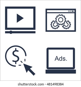 Set Of SEO, Marketing And Advertising Icons On Website Optimization, Video Advertising, Pay Per Click And More. Premium Quality EPS10 Vector Illustration For Mobile, App, UI Design.