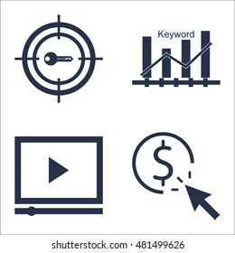 Set Of SEO, Marketing And Advertising Icons On Target Keywords, Keyword Ranking, Pay Per Click And More. Premium Quality EPS10 Vector Illustration For Mobile, App, UI Design.