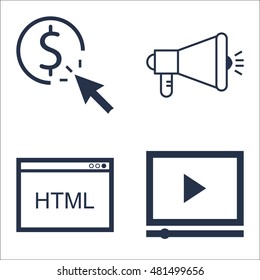 Set Of SEO, Marketing And Advertising Icons On Html Code, Viral Marketing, Video Advertising And More. Premium Quality EPS10 Vector Illustration For Mobile, App, UI Design.