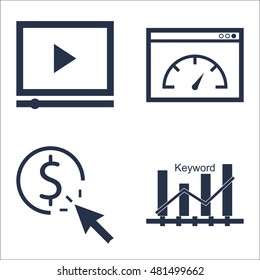 Set Of SEO, Marketing And Advertising Icons On Video Advertising, Page Speed, Pay Per Click And More. Premium Quality EPS10 Vector Illustration For Mobile, App, UI Design.