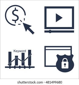 Set Of SEO, Marketing And Advertising Icons On Keyword Ranking, Pay Per Click, Website Protection And More. Premium Quality EPS10 Vector Illustration For Mobile, App, UI Design.