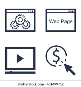 Set Of SEO, Marketing And Advertising Icons On Website Optimization, Video Advertising, Pay Per Click And More. Premium Quality EPS10 Vector Illustration For Mobile, App, UI Design.