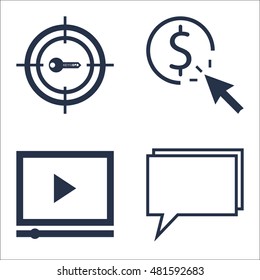 Set Of SEO, Marketing And Advertising Icons On Online Consulting, Target Keywords, Pay Per Click And More. Premium Quality EPS10 Vector Illustration For Mobile, App, UI Design.