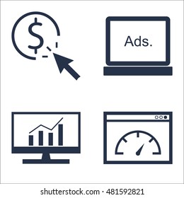 Set Of SEO, Marketing And Advertising Icons On Page Speed, Display Advertising, Pay Per Click And More. Premium Quality EPS10 Vector Illustration For Mobile, App, UI Design.