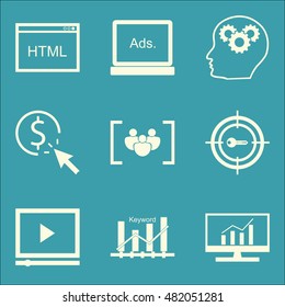 Set Of SEO, Marketing And Advertising Icons On Target Keywords, Display Advertising, Pay Per Click And More. Premium Quality EPS10 Vector Illustration For Mobile, App, UI Design.