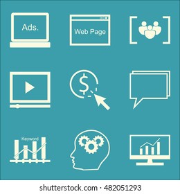 Set Of SEO, Marketing And Advertising Icons On Pay Per Click, Online Consulting, Keyword Ranking And More. Premium Quality EPS10 Vector Illustration For Mobile, App, UI Design.