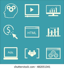 Set Of SEO, Marketing And Advertising Icons On Pay Per Click, Html Code, Video Advertising And More. Premium Quality EPS10 Vector Illustration For Mobile, App, UI Design.