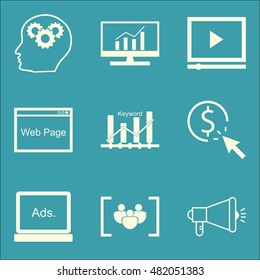 Set Of SEO, Marketing And Advertising Icons On Keyword Ranking, Comprehensive Analytics, Web Page And More. Premium Quality EPS10 Vector Illustration For Mobile, App, UI Design.