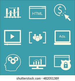 Set Of SEO, Marketing And Advertising Icons On Pay Per Click, Website Protection, Video Advertising And More. Premium Quality EPS10 Vector Illustration For Mobile, App, UI Design.