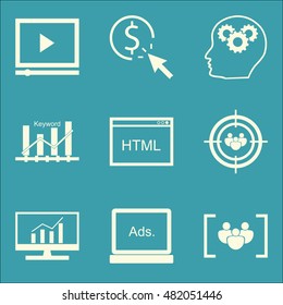 Set Of SEO, Marketing And Advertising Icons On Keyword Ranking, Creativity, Focus Group And More. Premium Quality EPS10 Vector Illustration For Mobile, App, UI Design.