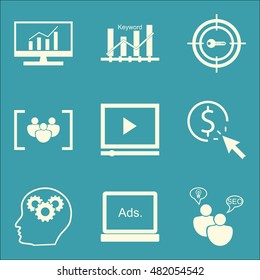 Set Of SEO, Marketing And Advertising Icons On Pay Per Click, Display Advertising, Keyword Ranking And More. Premium Quality EPS10 Vector Illustration For Mobile, App, UI Design.