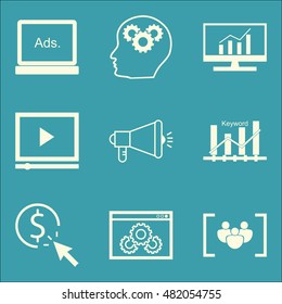 Set Of SEO, Marketing And Advertising Icons On Comprehensive Analytics, Pay Per Click, Keyword Ranking And More. Premium Quality EPS10 Vector Illustration For Mobile, App, UI Design.