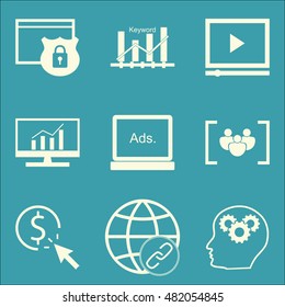 Set Of SEO, Marketing And Advertising Icons On Keyword Ranking, Link Building, Video Advertising And More. Premium Quality EPS10 Vector Illustration For Mobile, App, UI Design.