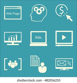 Set Of SEO, Marketing And Advertising Icons On Email Marketing, Focus Group, Pay Per Click And More. Premium Quality EPS10 Vector Illustration For Mobile, App, UI Design.