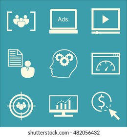 Set Of SEO, Marketing And Advertising Icons On Client Brief, Display Advertising, Video Advertising And More. Premium Quality EPS10 Vector Illustration For Mobile, App, UI Design.