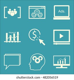 Set Of SEO, Marketing And Advertising Icons On Keyword Ranking, Creativity, Focus Group And More. Premium Quality EPS10 Vector Illustration For Mobile, App, UI Design.
