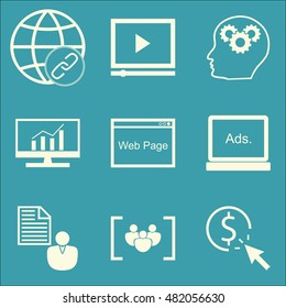 Set Of SEO, Marketing And Advertising Icons On Display Advertising, Video Advertising, Pay Per Click And More. Premium Quality EPS10 Vector Illustration For Mobile, App, UI Design.