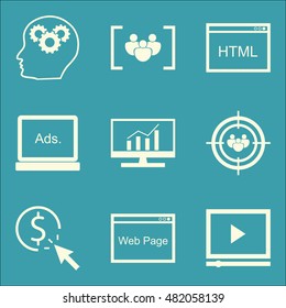 Set Of SEO, Marketing And Advertising Icons On Html Code, Video Advertising, Focus Group And More. Premium Quality EPS10 Vector Illustration For Mobile, App, UI Design.