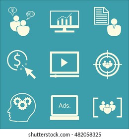 Set Of SEO, Marketing And Advertising Icons On Video Advertising, Pay Per Click, Comprehensive Analytics And More. Premium Quality EPS10 Vector Illustration For Mobile, App, UI Design.