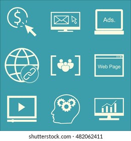 Set Of SEO, Marketing And Advertising Icons On Pay Per Click, Focus Group, Link Building And More. Premium Quality EPS10 Vector Illustration For Mobile, App, UI Design.