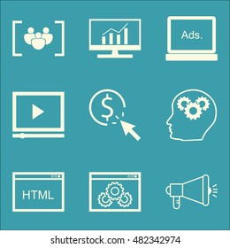 Set Of SEO, Marketing And Advertising Icons On Display Advertising, Html Code, Video Advertising And More. Premium Quality EPS10 Vector Illustration For Mobile, App, UI Design.