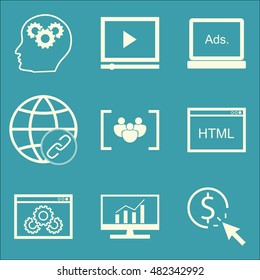Set Of SEO, Marketing And Advertising Icons On Comprehensive Analytics, Display Advertising, Website Optimization And More. Premium Quality EPS10 Vector Illustration For Mobile, App, UI Design.