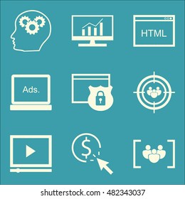 Set Of SEO, Marketing And Advertising Icons On Audience Targeting, Focus Group, Pay Per Click And More. Premium Quality EPS10 Vector Illustration For Mobile, App, UI Design.