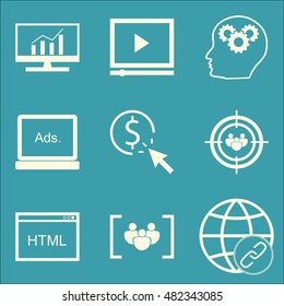 Set Of SEO, Marketing And Advertising Icons On Link Building, Pay Per Click, Video Advertising And More. Premium Quality EPS10 Vector Illustration For Mobile, App, UI Design.