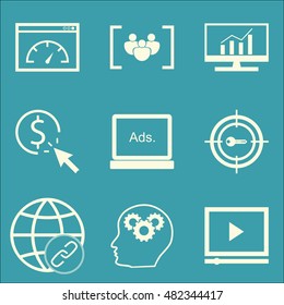 Set Of SEO, Marketing And Advertising Icons On Target Keywords, Display Advertising, Page Speed And More. Premium Quality EPS10 Vector Illustration For Mobile, App, UI Design.