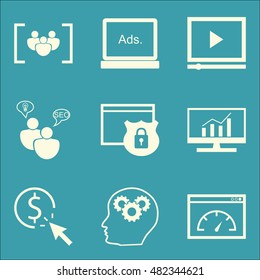 Set Of SEO, Marketing And Advertising Icons On SEO Consulting, Display Advertising, Page Speed And More. Premium Quality EPS10 Vector Illustration For Mobile, App, UI Design.