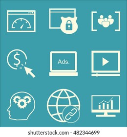 Set Of SEO, Marketing And Advertising Icons On Focus Group, Creativity, Pay Per Click And More. Premium Quality EPS10 Vector Illustration For Mobile, App, UI Design.