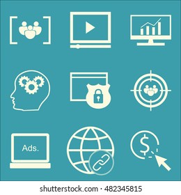 Set Of SEO, Marketing And Advertising Icons On Link Building, Display Advertising, Creativity And More. Premium Quality EPS10 Vector Illustration For Mobile, App, UI Design.