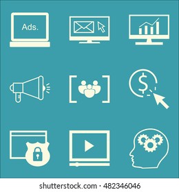 Set Of SEO, Marketing And Advertising Icons On Video Advertising, Creativity, Pay Per Click And More. Premium Quality EPS10 Vector Illustration For Mobile, App, UI Design.